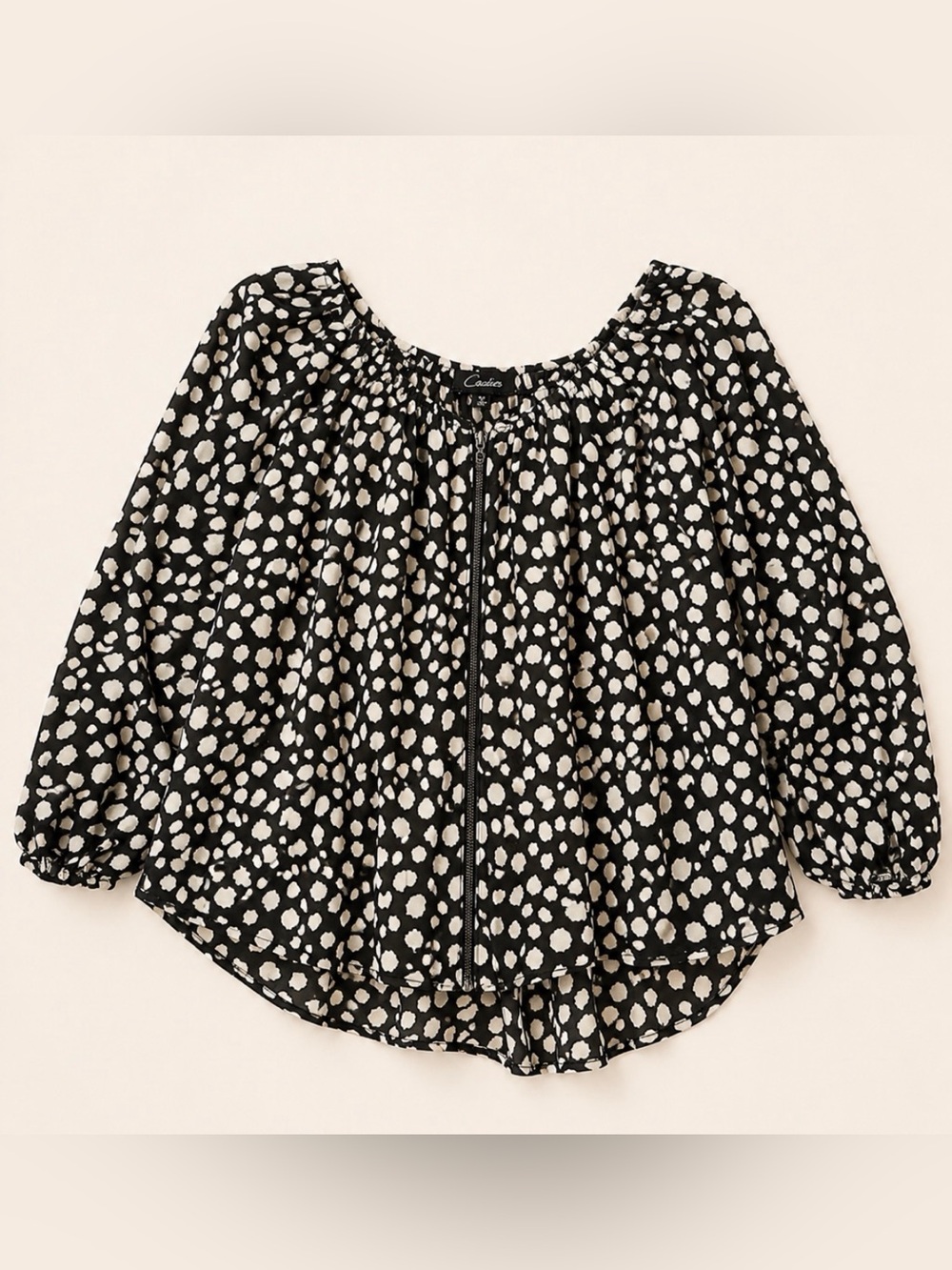 Cecico Black and Cream Zip-Front Peasant Blouse